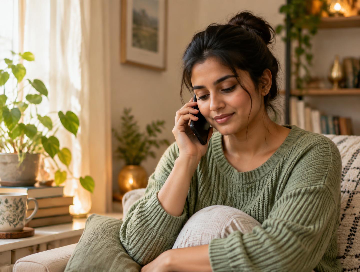 A woman speaking privately with an empathetic listener over the phone